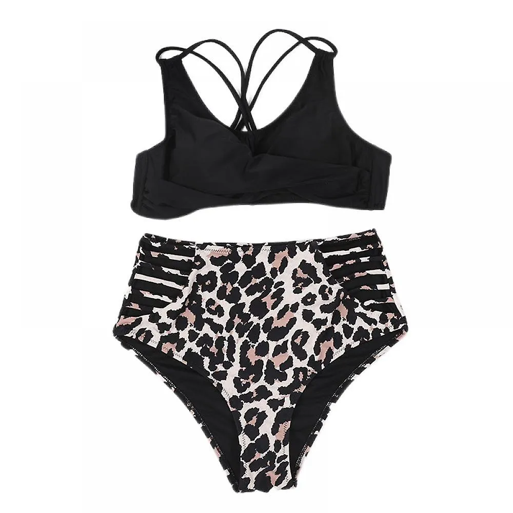 Back Cross Strap Swimsuit Suit with High Waist Cut-out Split Sexy Female Beach Bikini Black+leopard Print Split Swimsuit (L)