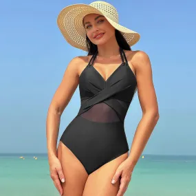 Fashion one piece swimsuit women solid color mesh bikini swimsuit swimsuit P 2XL