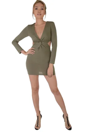 LMS manga larga verde caqui Bodycon vestido con toque y corte