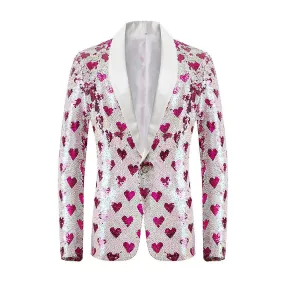 Men Stylish Heart Print Sequin Tuxedo Blazer