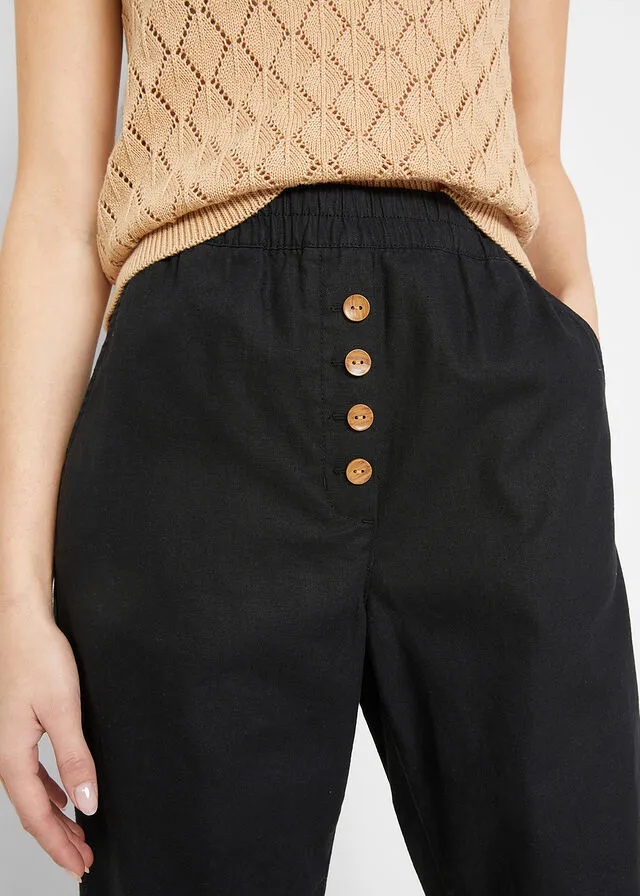 Pantalón de talle alto y largo 3/4 con lino y cintura cómoda Negro