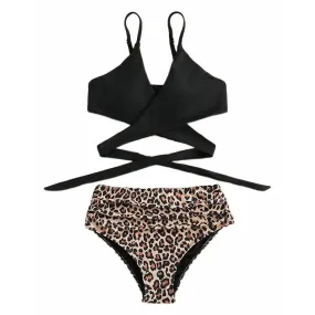 Sexy Leopard Spot, V-neck Bikini with Cross-tie Rope, High Waist Split Sling Swimsuit, Suitable for Spa, Vacation(M)