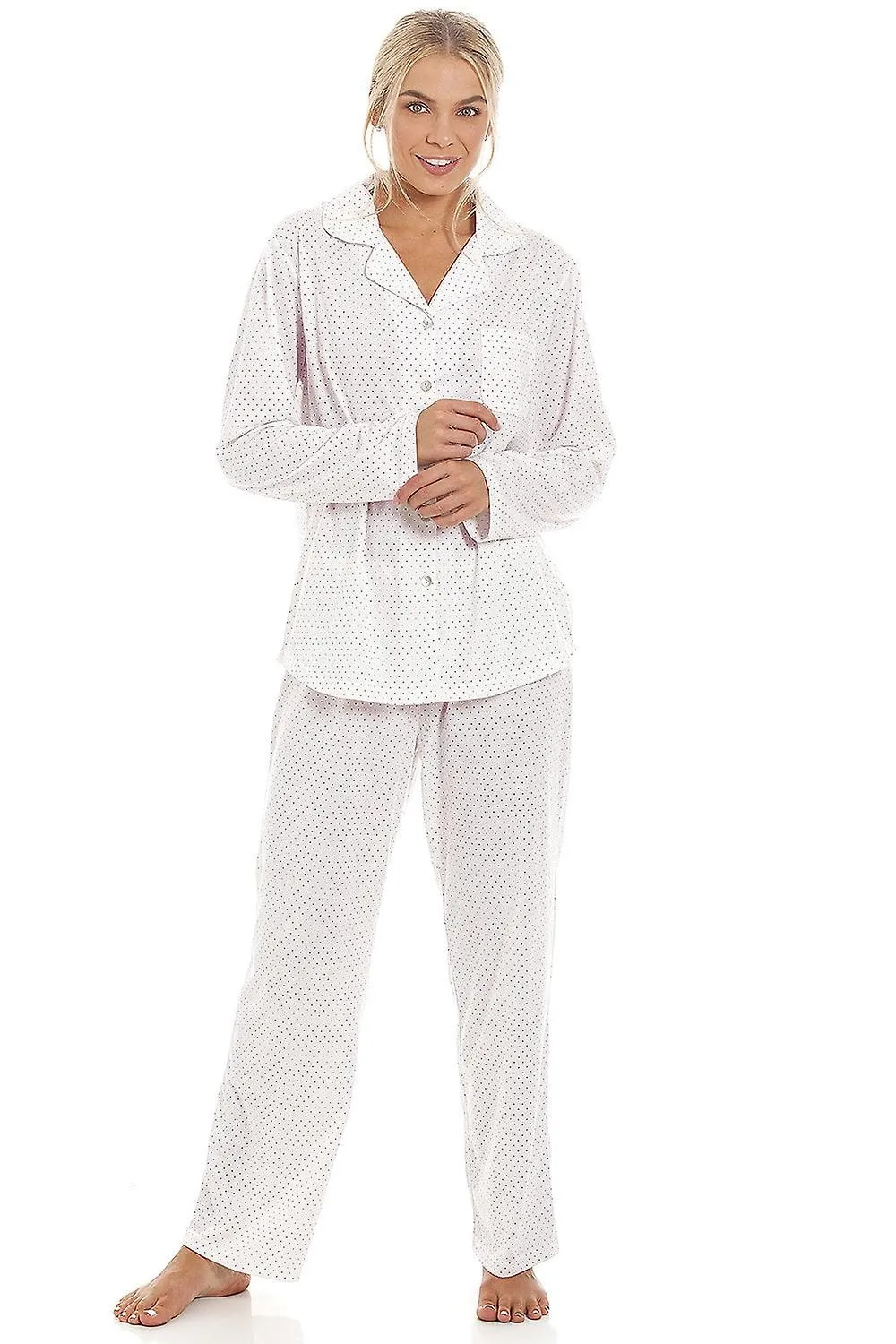 Women's Camille Pink & Grey Pin Dot Long Sleeve Polycotton Button Front Pyjama Set