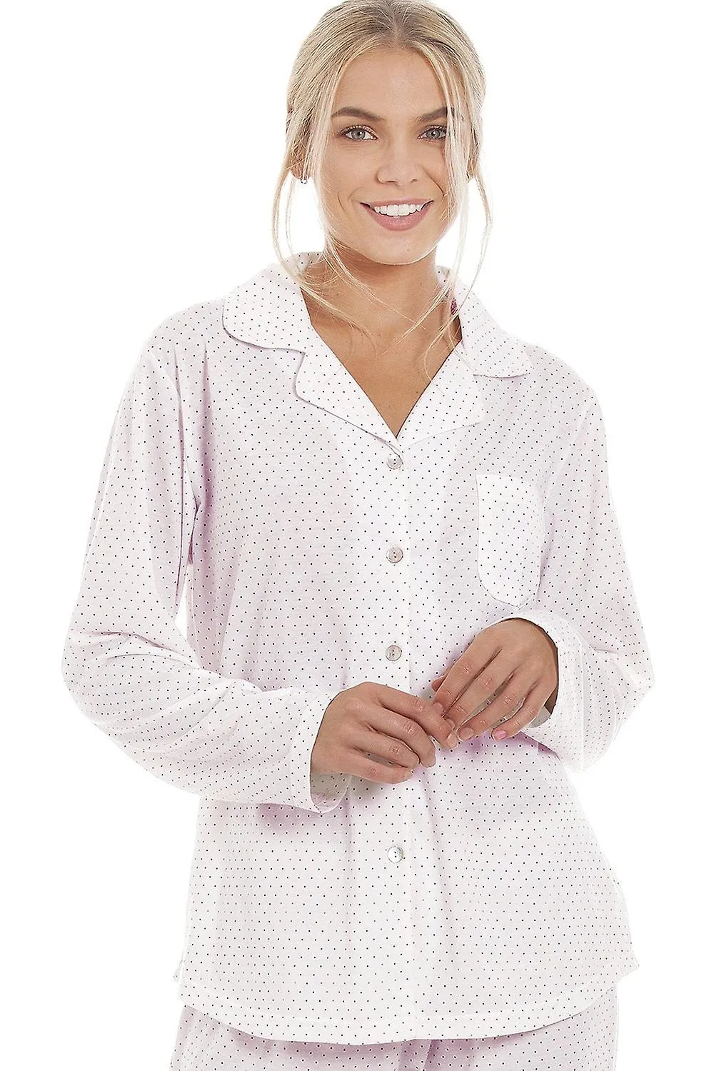 Women's Camille Pink & Grey Pin Dot Long Sleeve Polycotton Button Front Pyjama Set