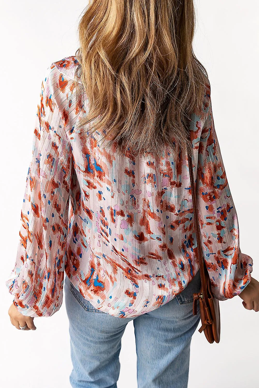 Women's Multicolor Pattern Print Ruffled Pleated Long Sleeve Blouse