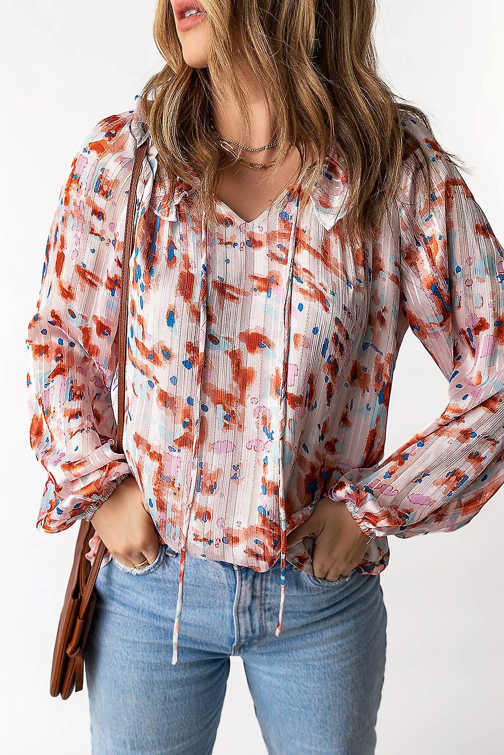 Women's Multicolor Pattern Print Ruffled Pleated Long Sleeve Blouse