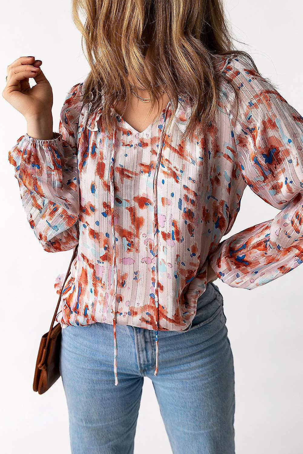 Women's Multicolor Pattern Print Ruffled Pleated Long Sleeve Blouse