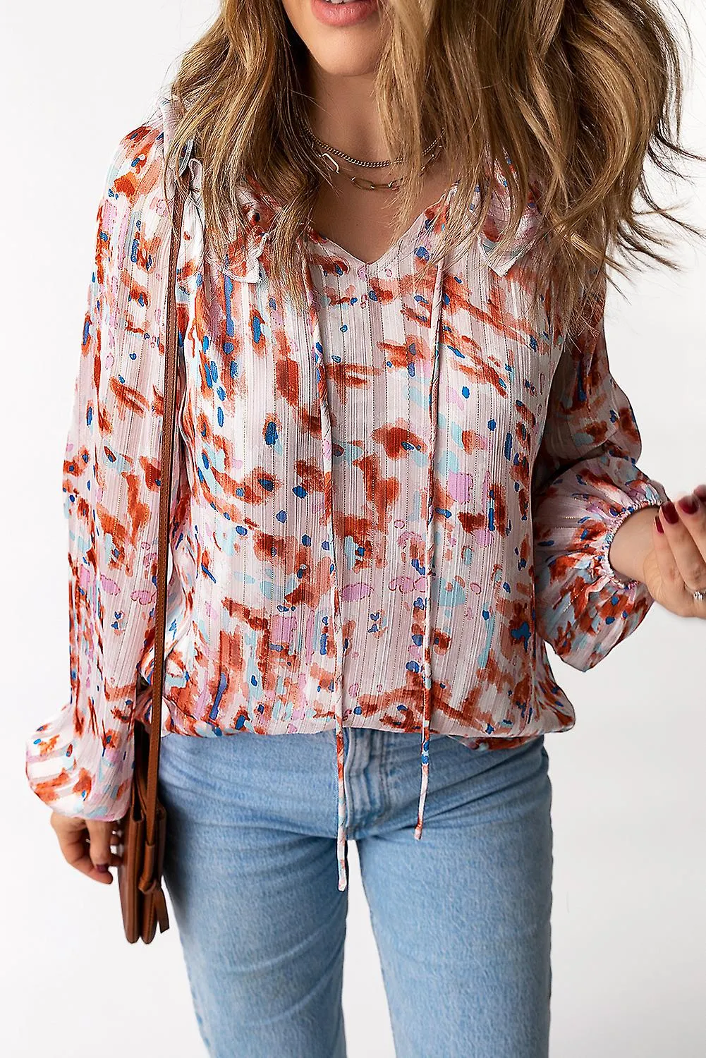 Women's Multicolor Pattern Print Ruffled Pleated Long Sleeve Blouse