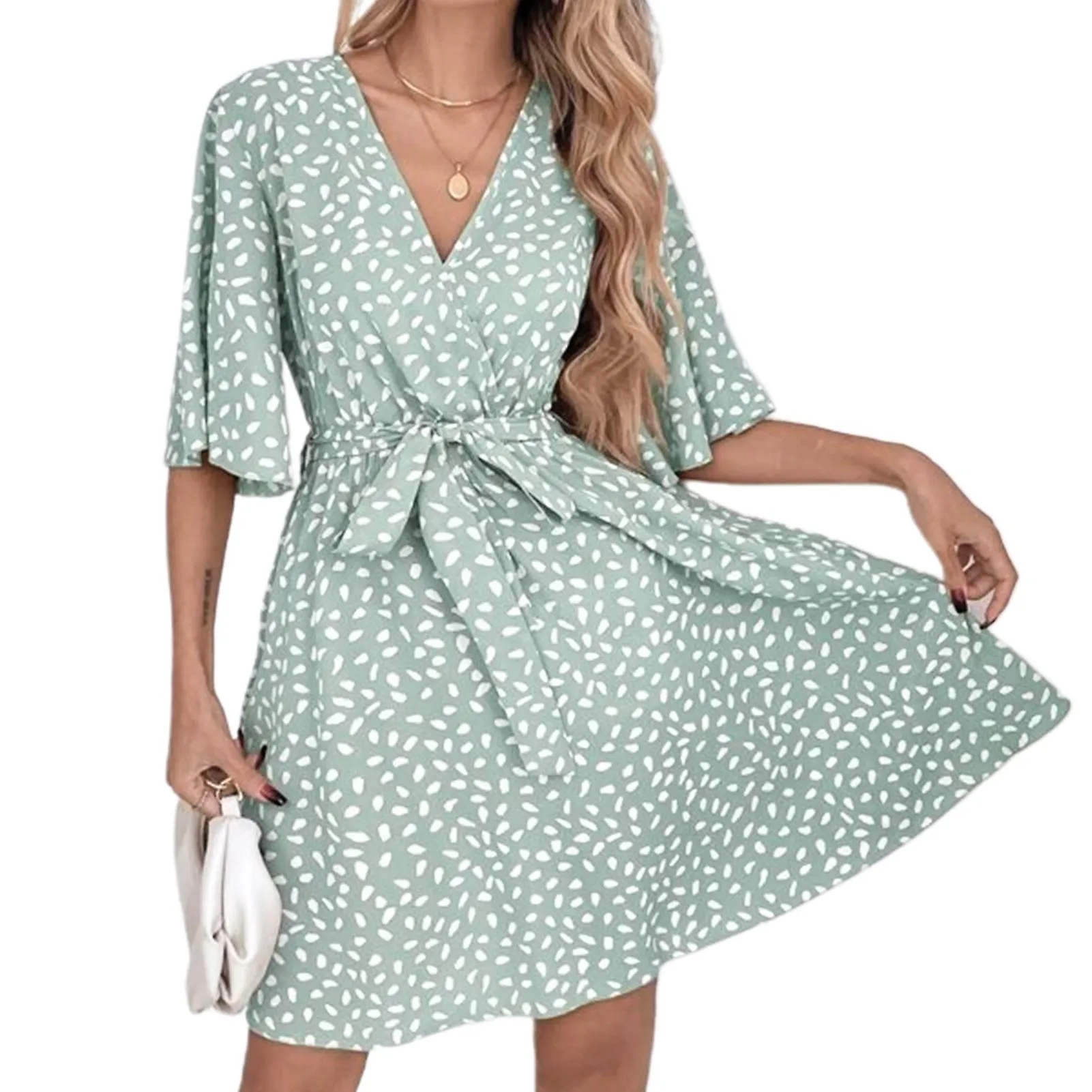 Women's Short Sleeve V Neck High Waist Dress Tie Waist A Line Summer Skirt