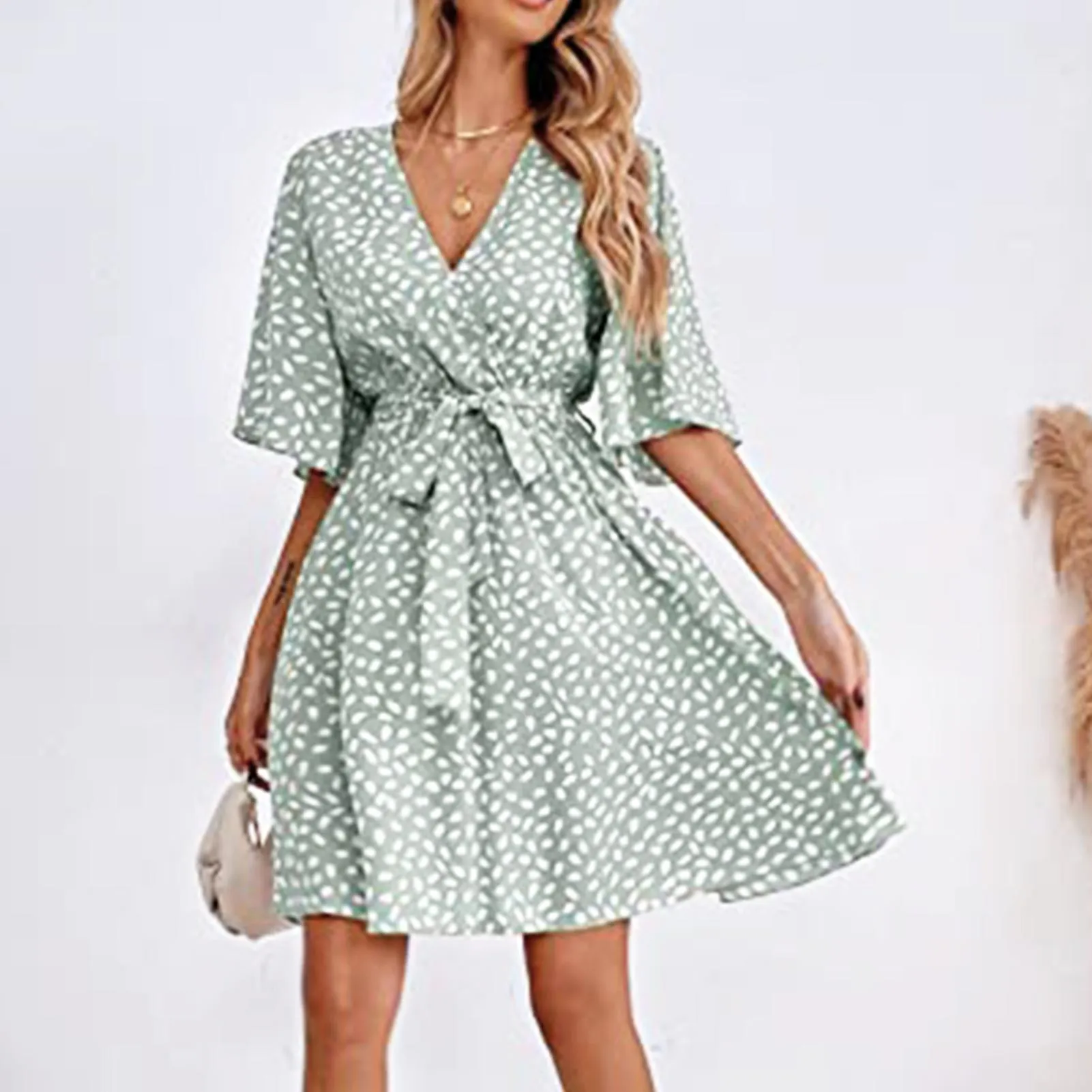 Women's Short Sleeve V Neck High Waist Dress Tie Waist A Line Summer Skirt