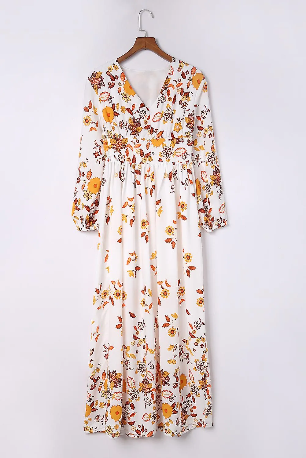 Women's Yellow Leaf Print V Neck Puff Sleeve Maxi Dress