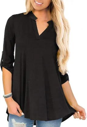 Womens Tops 3/4 Roll Sleeve Shirts V Neck Size Blouses Tunic Top